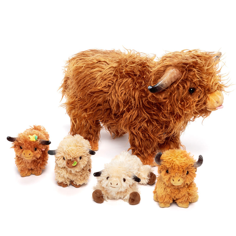 Conjunto de brinquedos de peluche da família animal da vaca Terras Altas