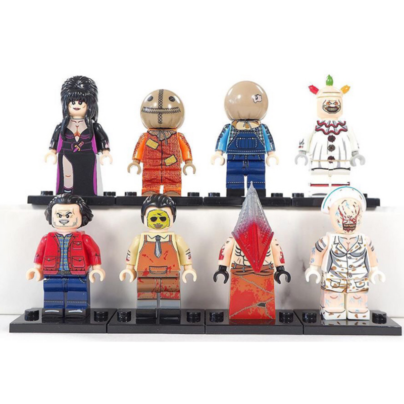 Conjunto variado de minifiguras de filmes de terror de Halloween com armas e acessórios