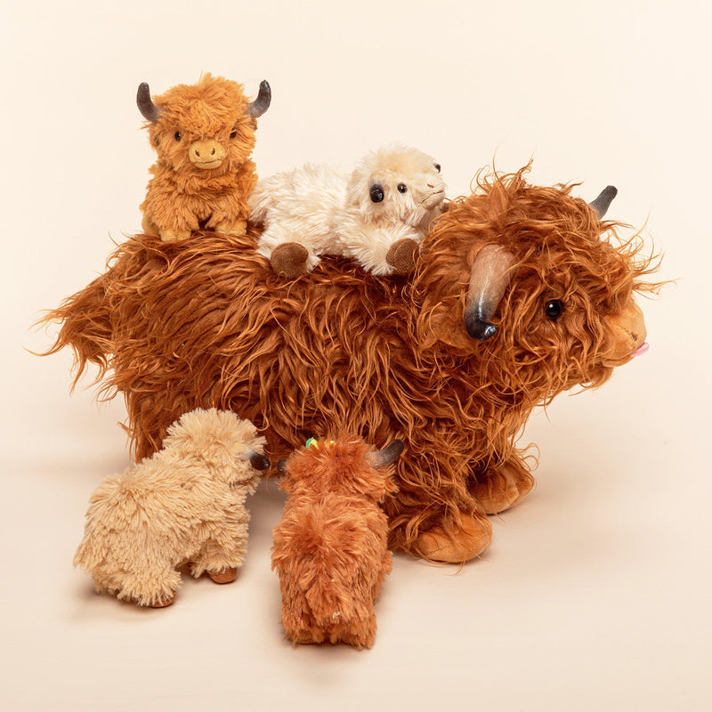 Conjunto de brinquedos de peluche da família animal da vaca Terras Altas