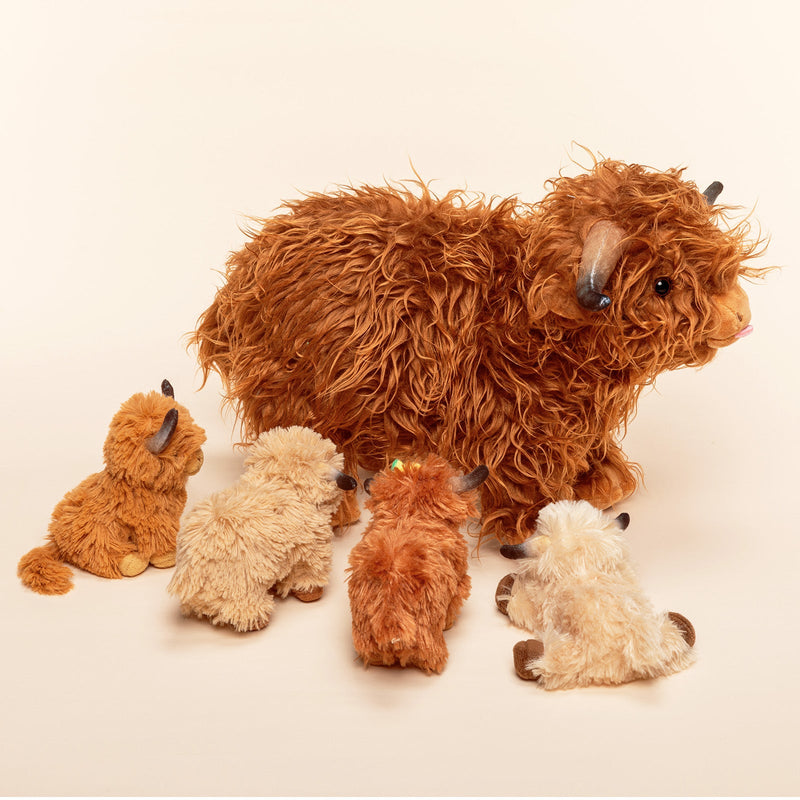 Conjunto de brinquedos de peluche da família animal da vaca Terras Altas