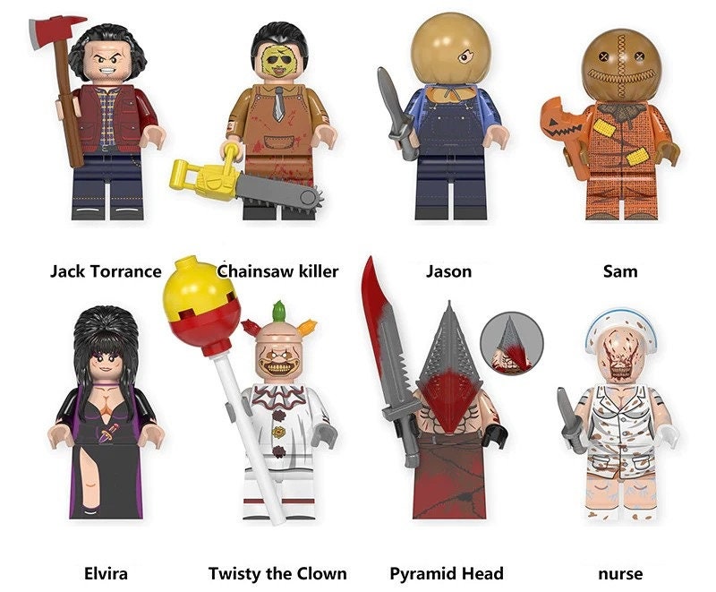 Conjunto variado de minifiguras de filmes de terror de Halloween com armas e acessórios