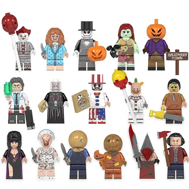 Conjunto variado de minifiguras de filmes de terror de Halloween com armas e acessórios