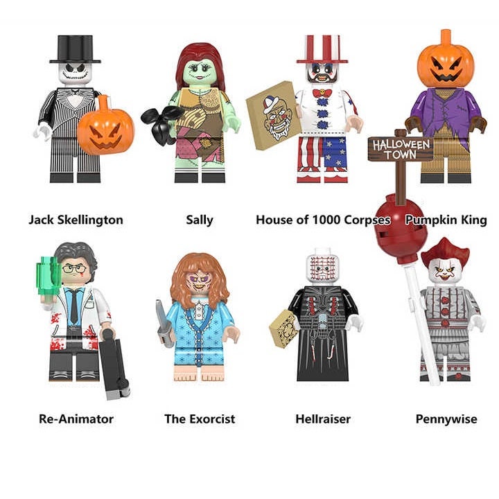 Conjunto variado de minifiguras de filmes de terror de Halloween com armas e acessórios