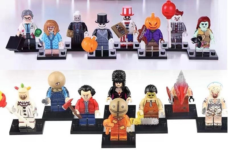 Conjunto variado de minifiguras de filmes de terror de Halloween com armas e acessórios