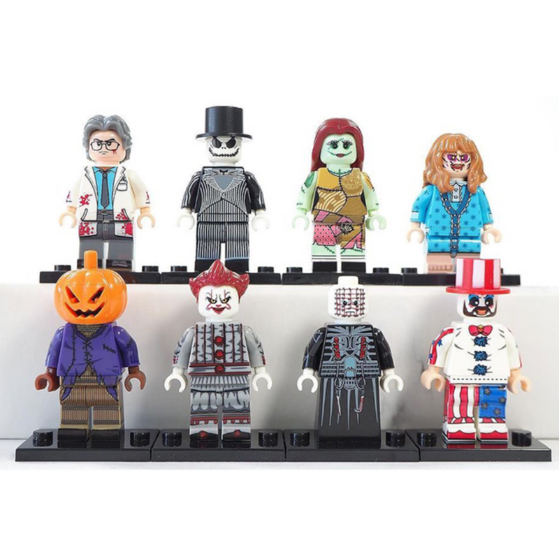 Conjunto variado de minifiguras de filmes de terror de Halloween com armas e acessórios