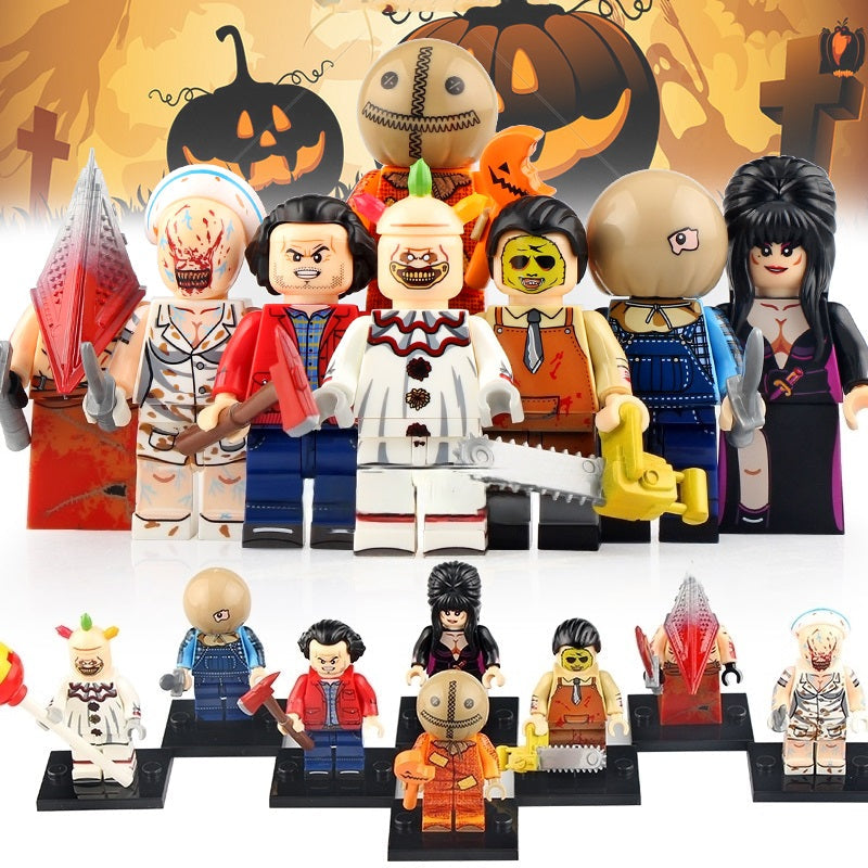 Conjunto variado de minifiguras de filmes de terror de Halloween com armas e acessórios