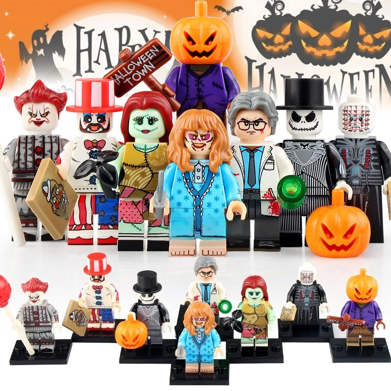 Conjunto variado de minifiguras de filmes de terror de Halloween com armas e acessórios