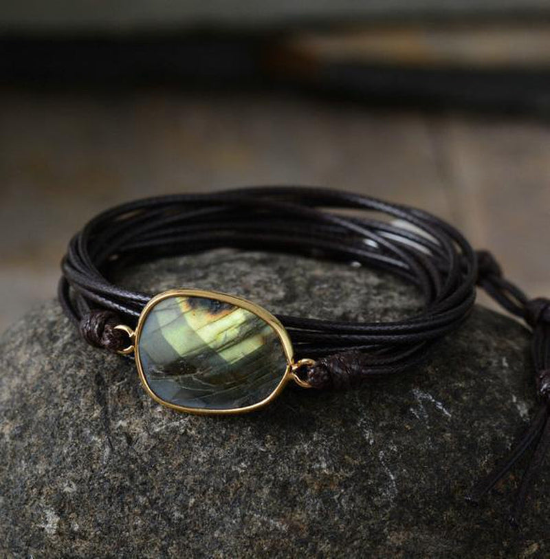 Corda encerada e pulseira de labradorite